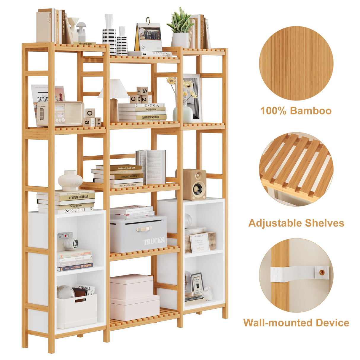 Bamboo Shelf Bookcase, Triple Wide Bookshelf with 4 Cubes & 9 Shelves, Large Bookshelf with Storage, Plant Shelf Bathroom Shelf Pantry Shelf Standing Organizer Unit, Natural