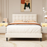 Full Size Upholstered Platform Bed Frame with Button Tufted Velvet Headboard Wood