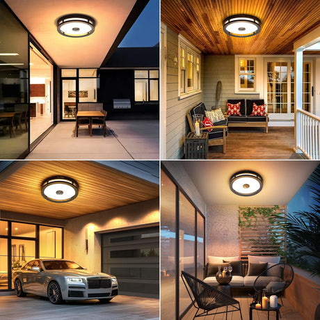 Motion Sensor Flush Mount LED Light, 12" Dusk to Dawn Porch Modern Black Exterior