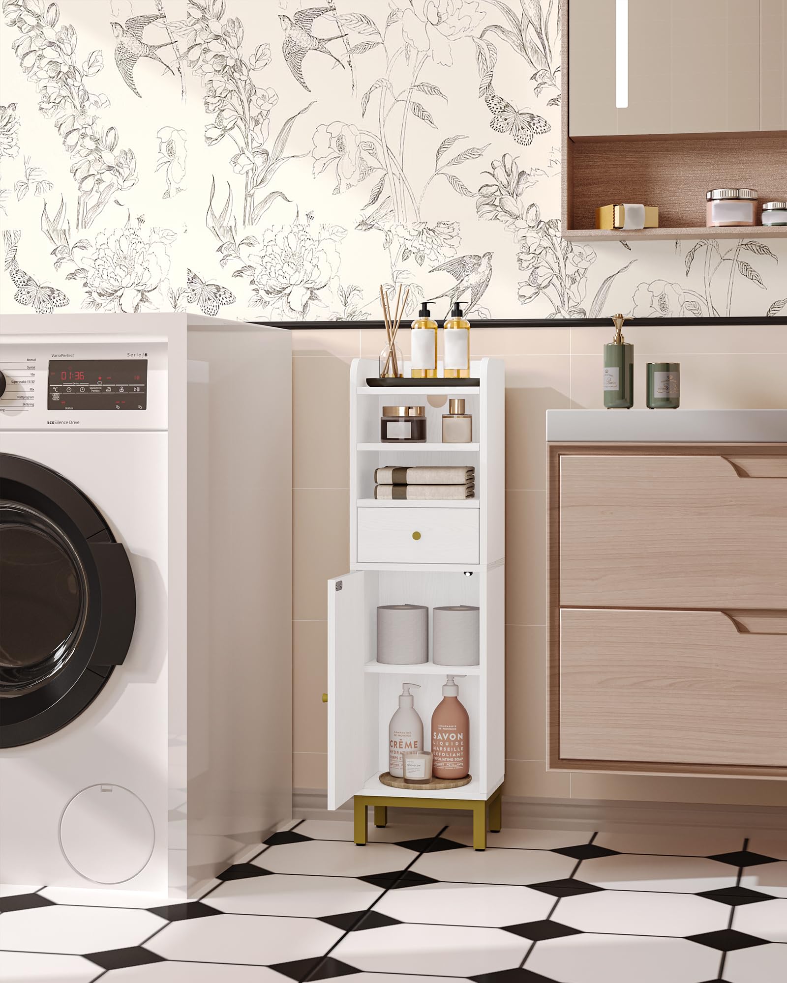 Bathroom Storage Cabinet, Corner Floor Cabinet with Drawers and Doors, Narrow Toilet