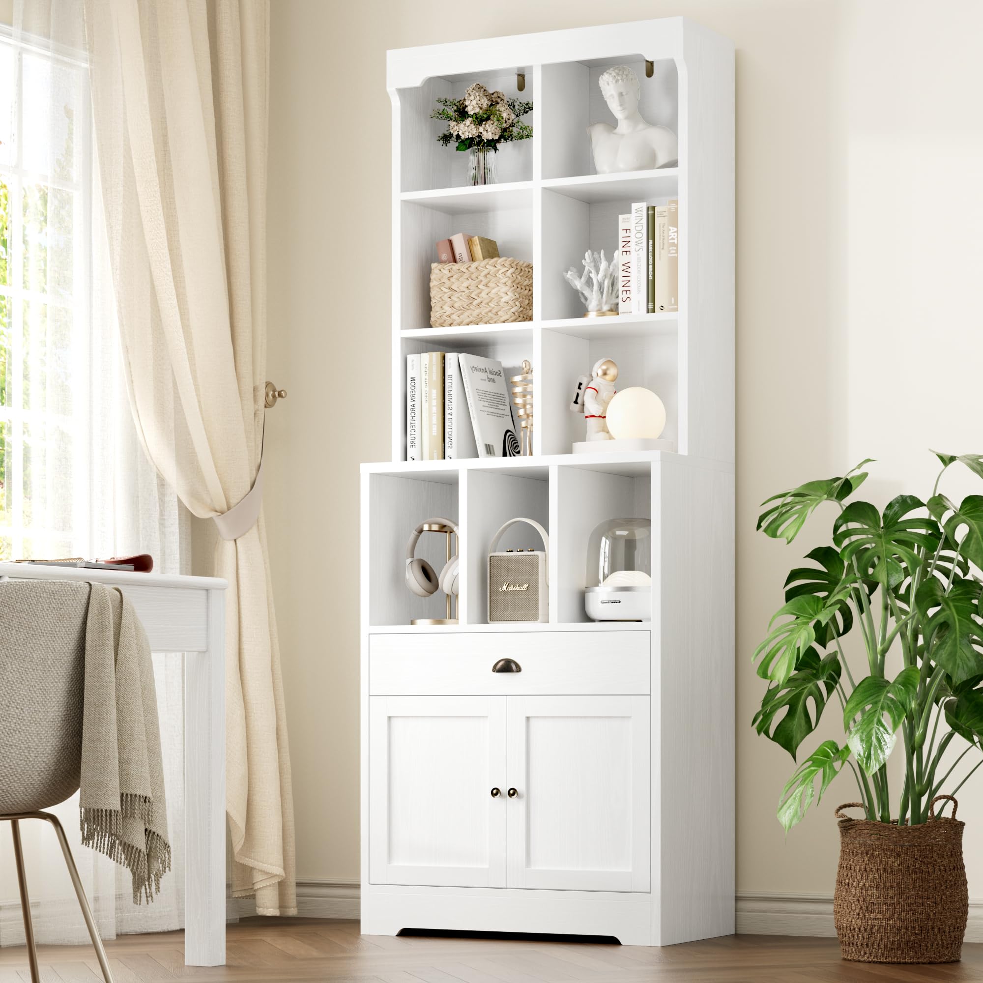 80” Tall Bookshelf with Drawer and Cabinet Storage, 6 Tier Bookcase with Adjustable Shelf