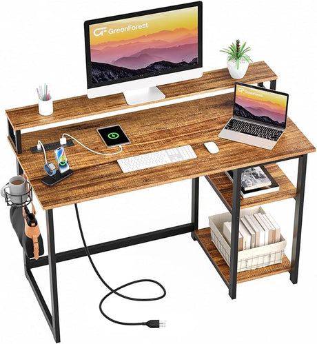 40 inch Computer Desk with Power Outlets, Small Home Office Desk with Ergonomic