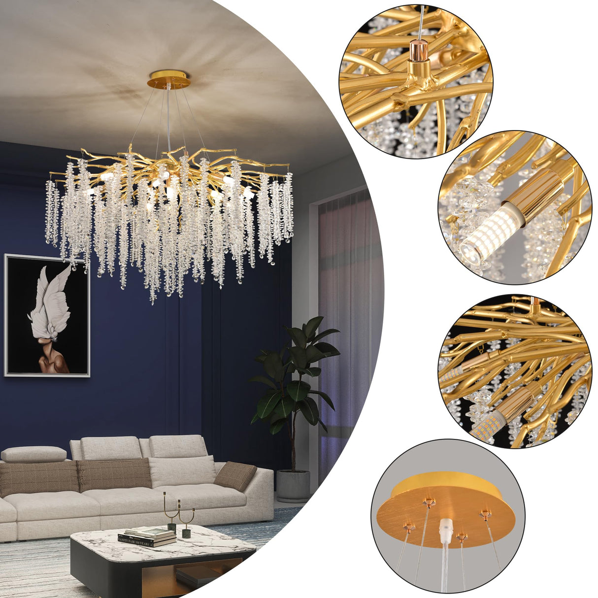 Crystal Tree Branches Chandeliers Gold Luxury Round Raindrop Pendant Light 12 Lights