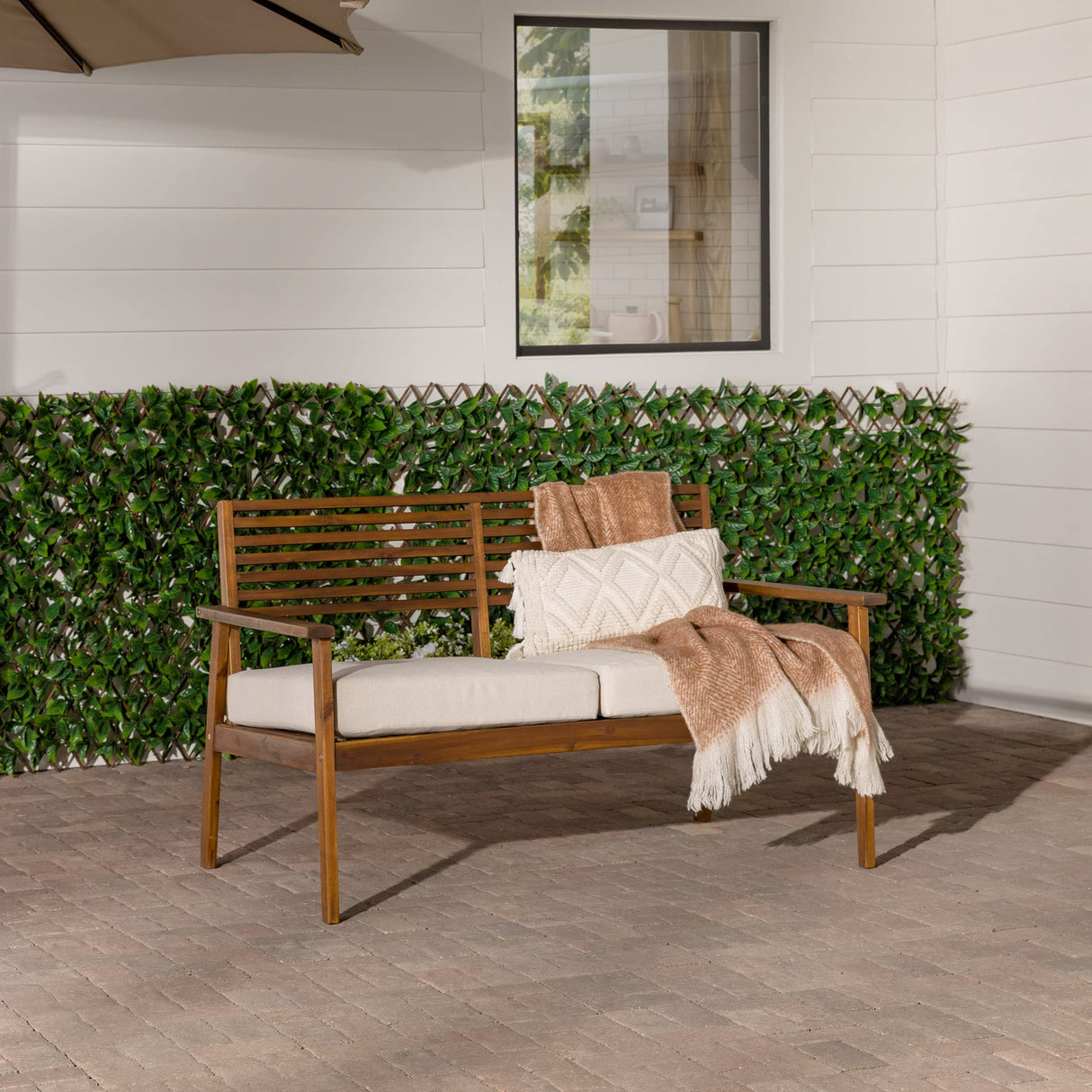 Modern Cushioned Solid Acacia Wood Loveseat