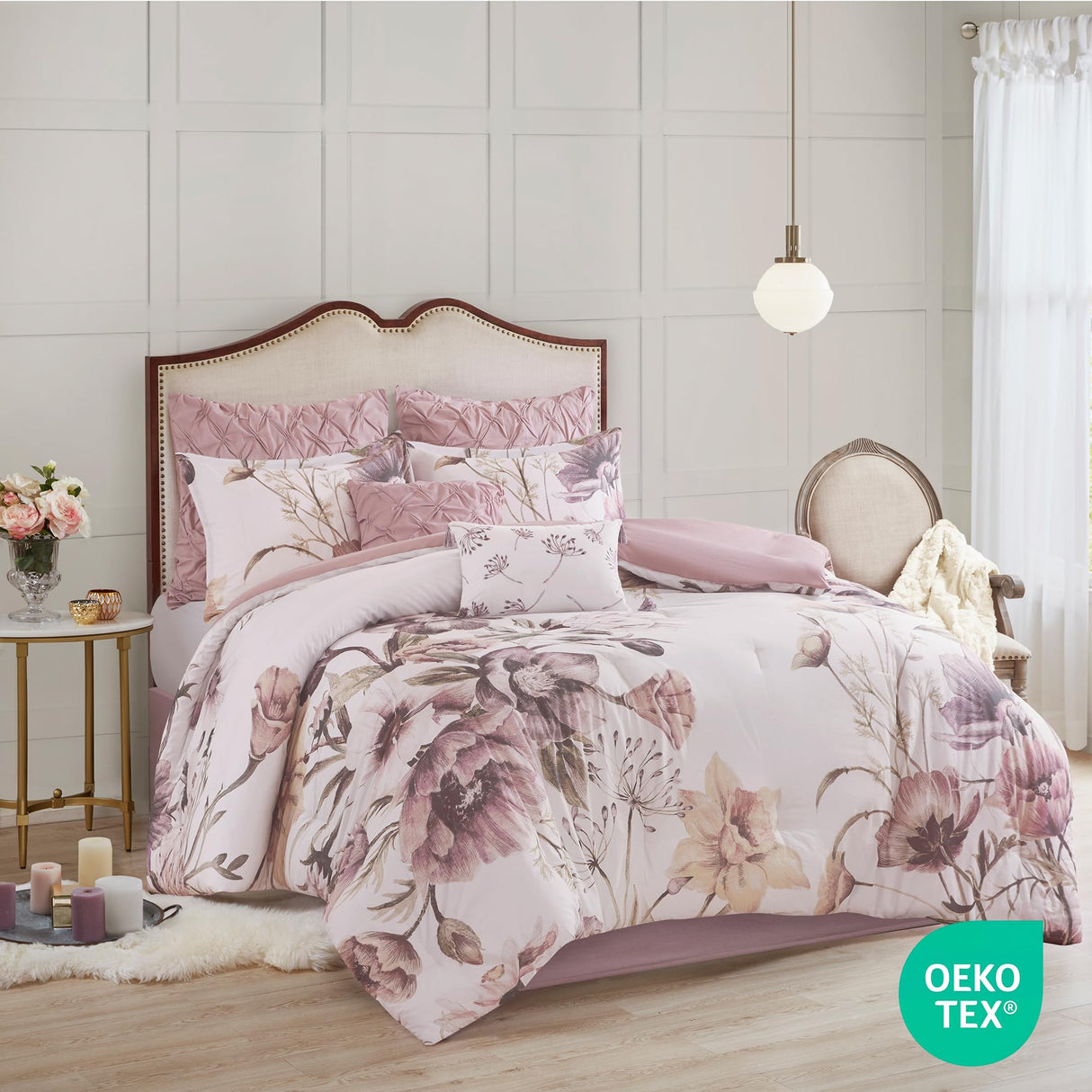 Floral Queen Comforter Set, Cotton Rich Bedding Set Feminine Design Shabby Chic Queen