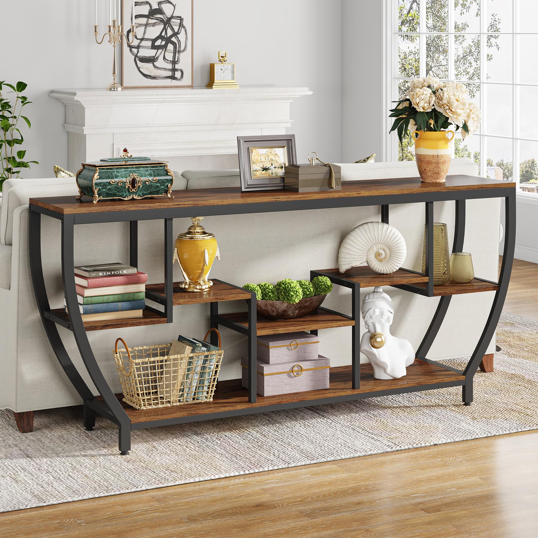 70.9 Inch Long Sofa Table with Shelves, Rustic Console Table with Storage