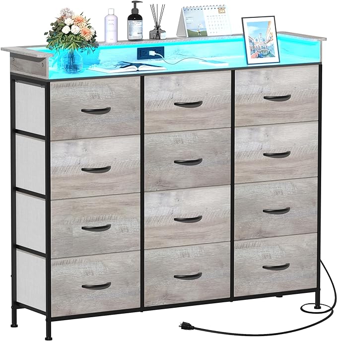 9Black Dresser with LED Light 12 Drawers Dresser with Charging Station Dresser