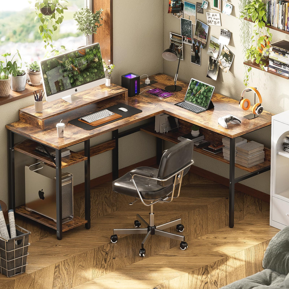 L Shaped Computer Desk with Magic Power Outlets and Smart LED Light