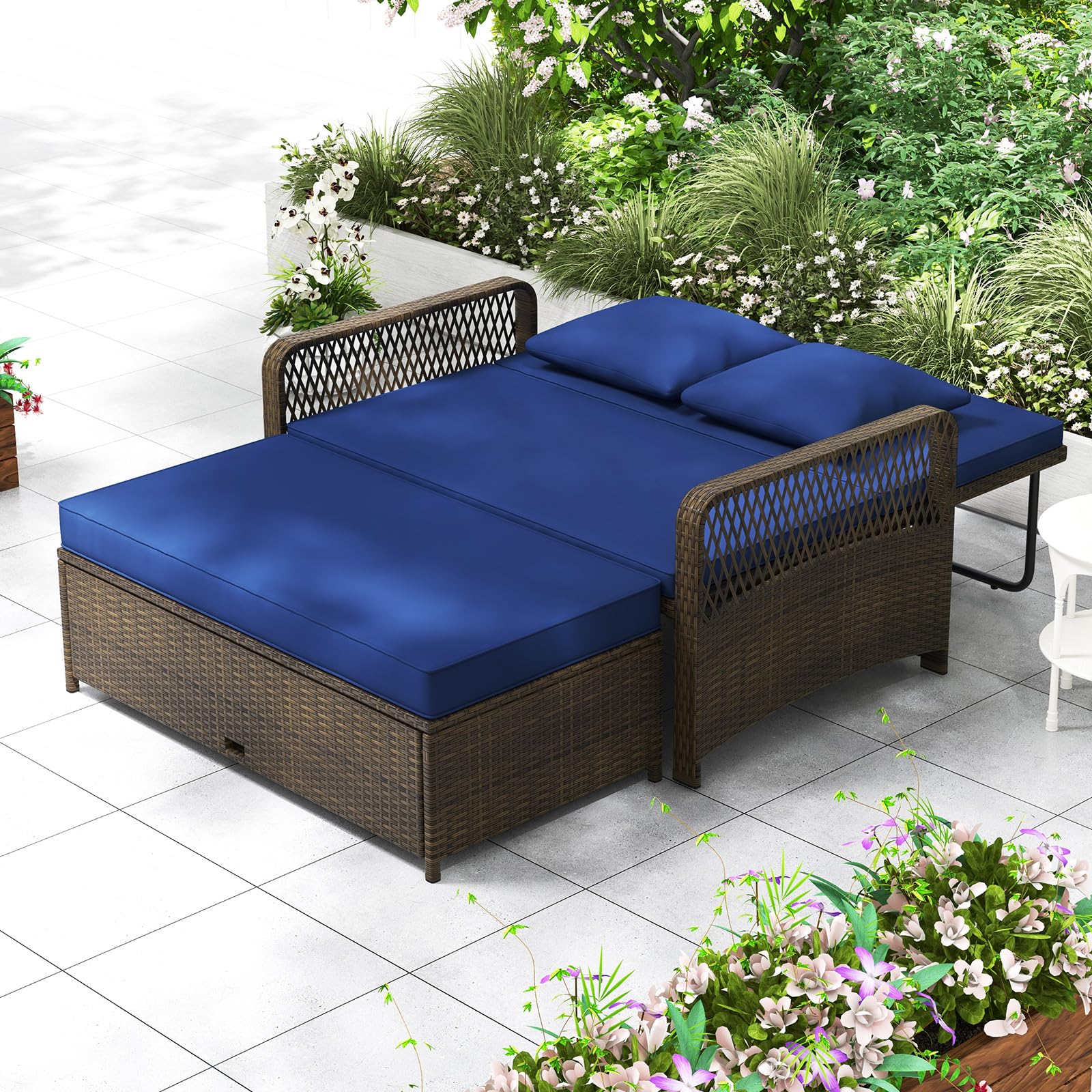 Outdoor Daybed, Wicker Loveseat Sofa Set with Storage Ottoman