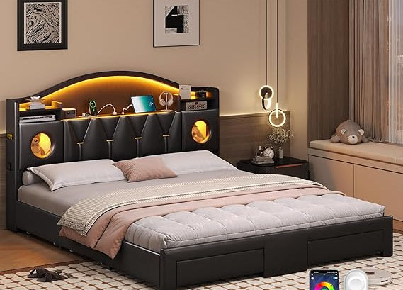 Queen Bed Frame with Storage Headboard and 6 Drawers