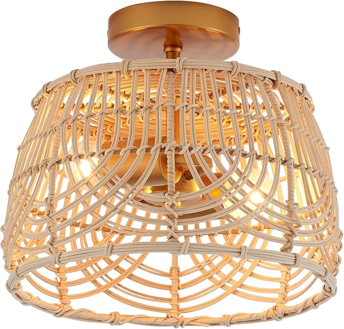 Woven Rattan Bamboo Brass Flush Mount Ceiling Light， Wicker Light Fixture for Entryway