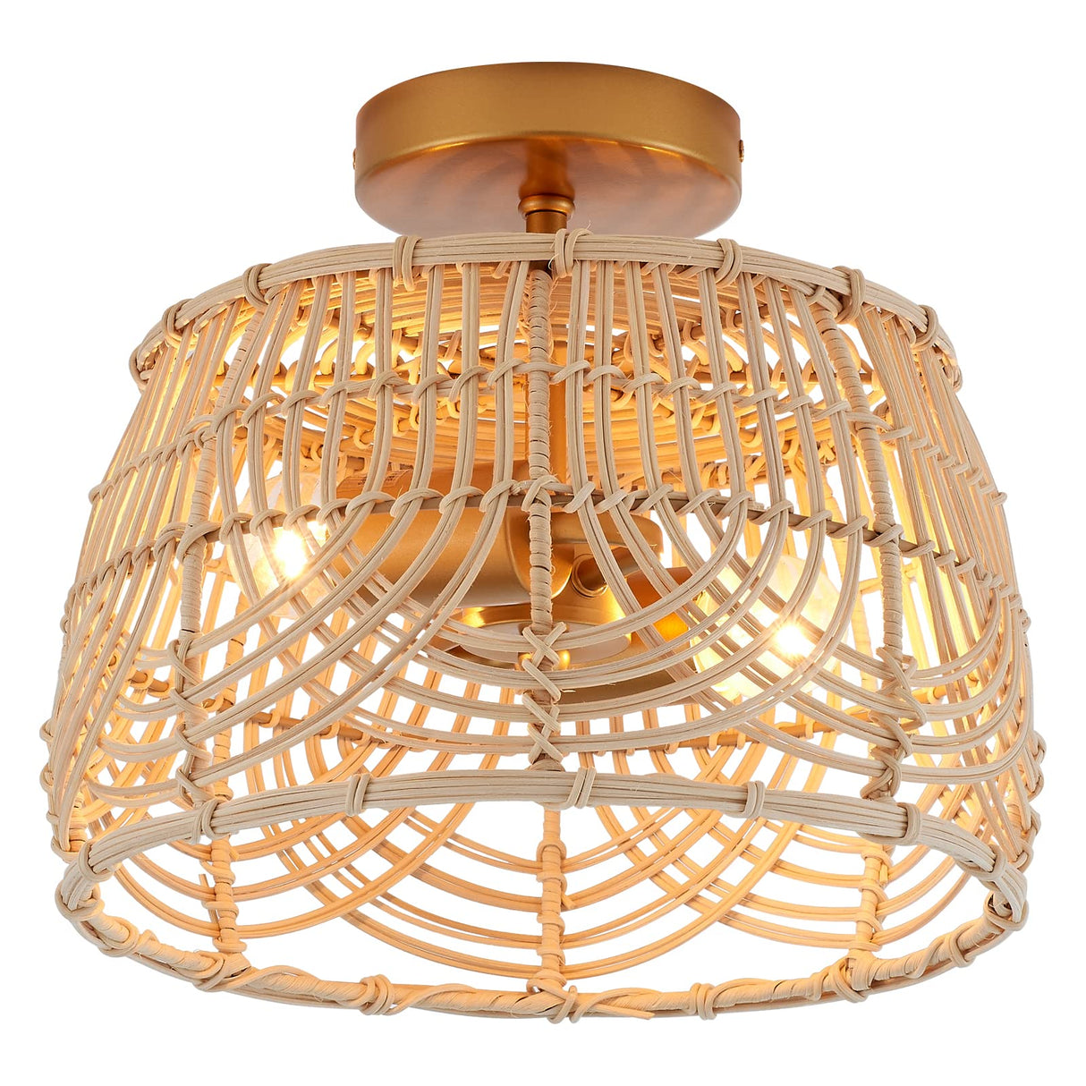 Woven Rattan Bamboo Brass Flush Mount Ceiling Light， Wicker Light Fixture for Entryway