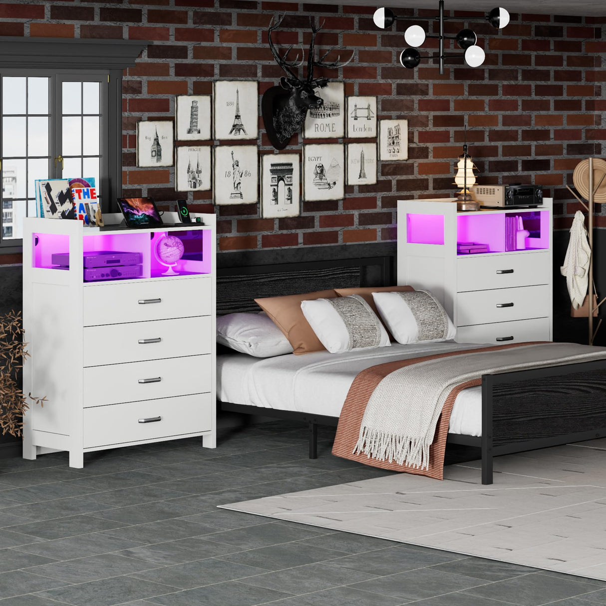 Whalefall Tall Dresser 4 Drawers, White LED Dresser for Bedroom, Modern Dresser Wooden Storage Chest of Drawers Closet Organizers with Power Outlets