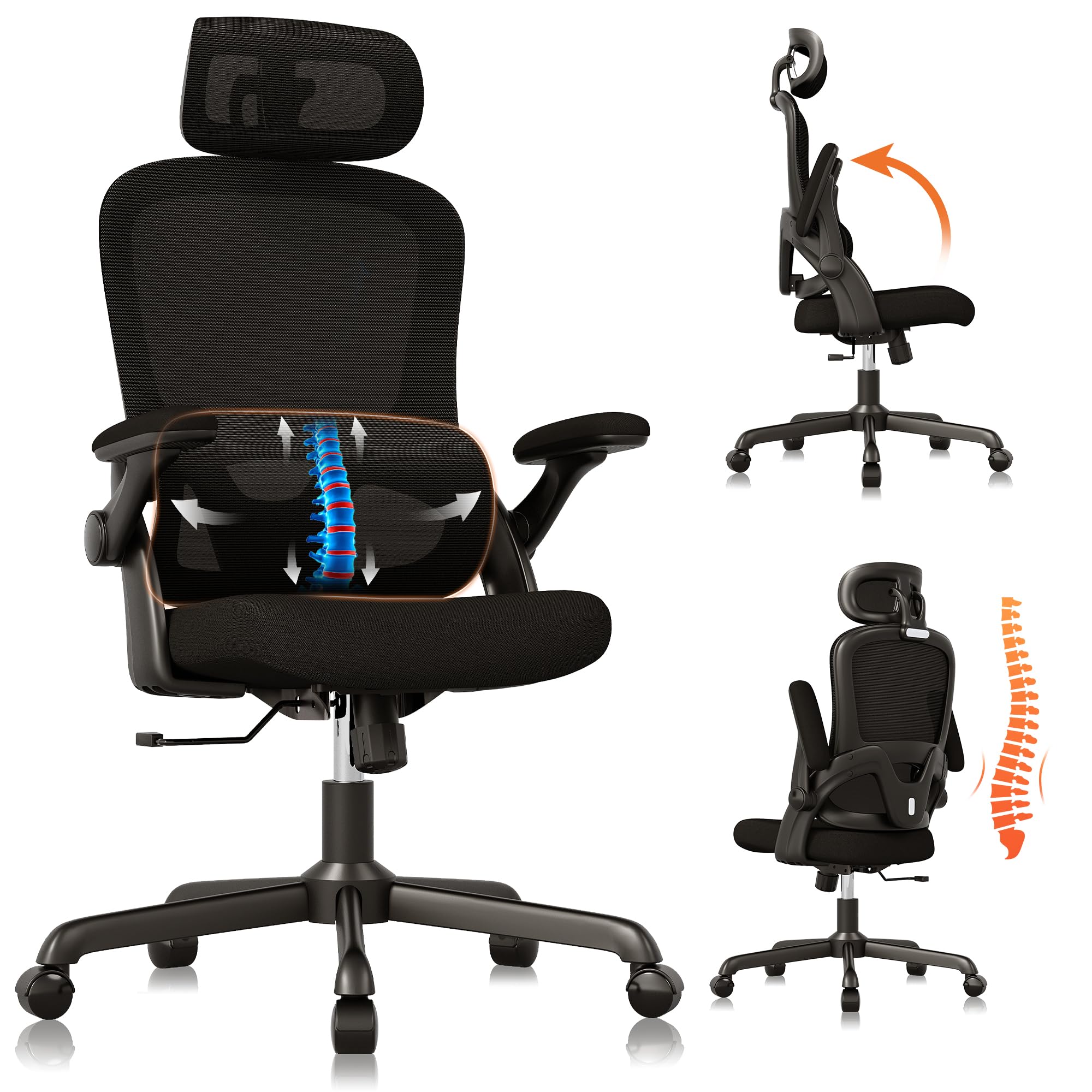Office Chair, High Back Mesh Desk Chair with Adjustable Lumbar Support, 3D Flip