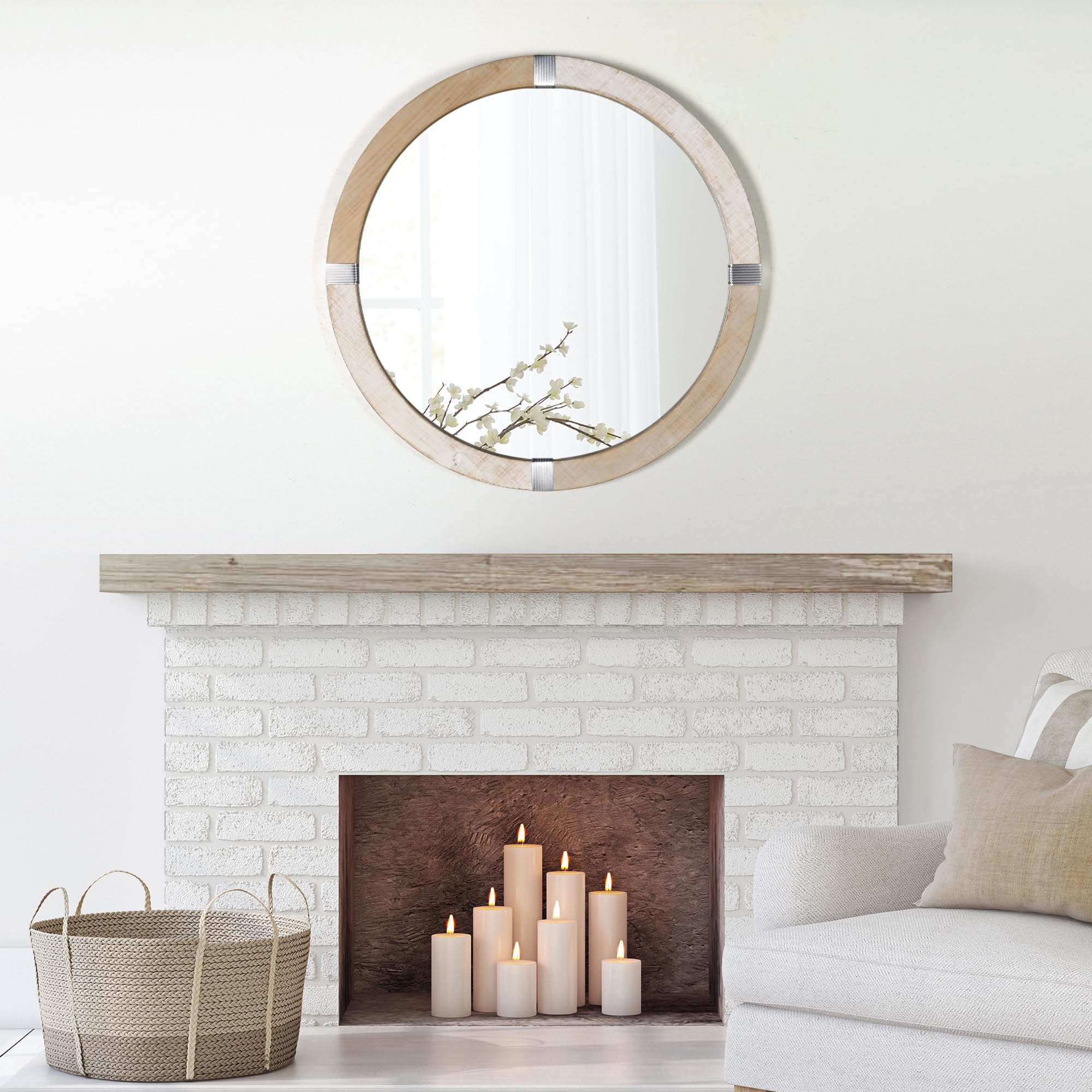 Rustic Round Mirrors, 31.5'' Wooden Circle Mirror, Hanging Wall Decorative Mirror