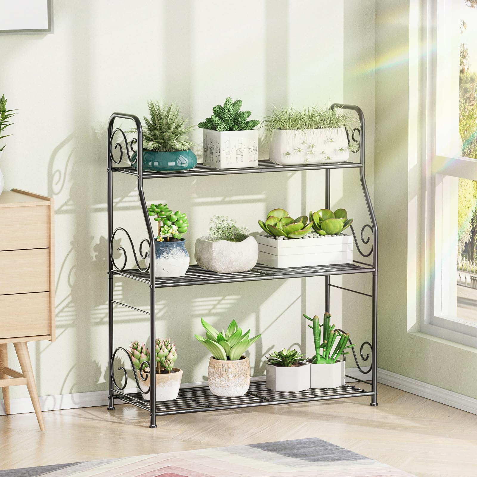 OVICAR Metal Plant Stand Rack - 3 Tier Indoor Outdoor Plant Display Shelf Flower Pot Holder for Garden Patio Balcony Porch Corner Living Room, Multiple Storage Shelf for Home Use (Black)