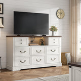 8 Drawers Dresser with Power Outlets and LED Lights, 55 Inch Wide Rustic Wood Dressers & Chest of