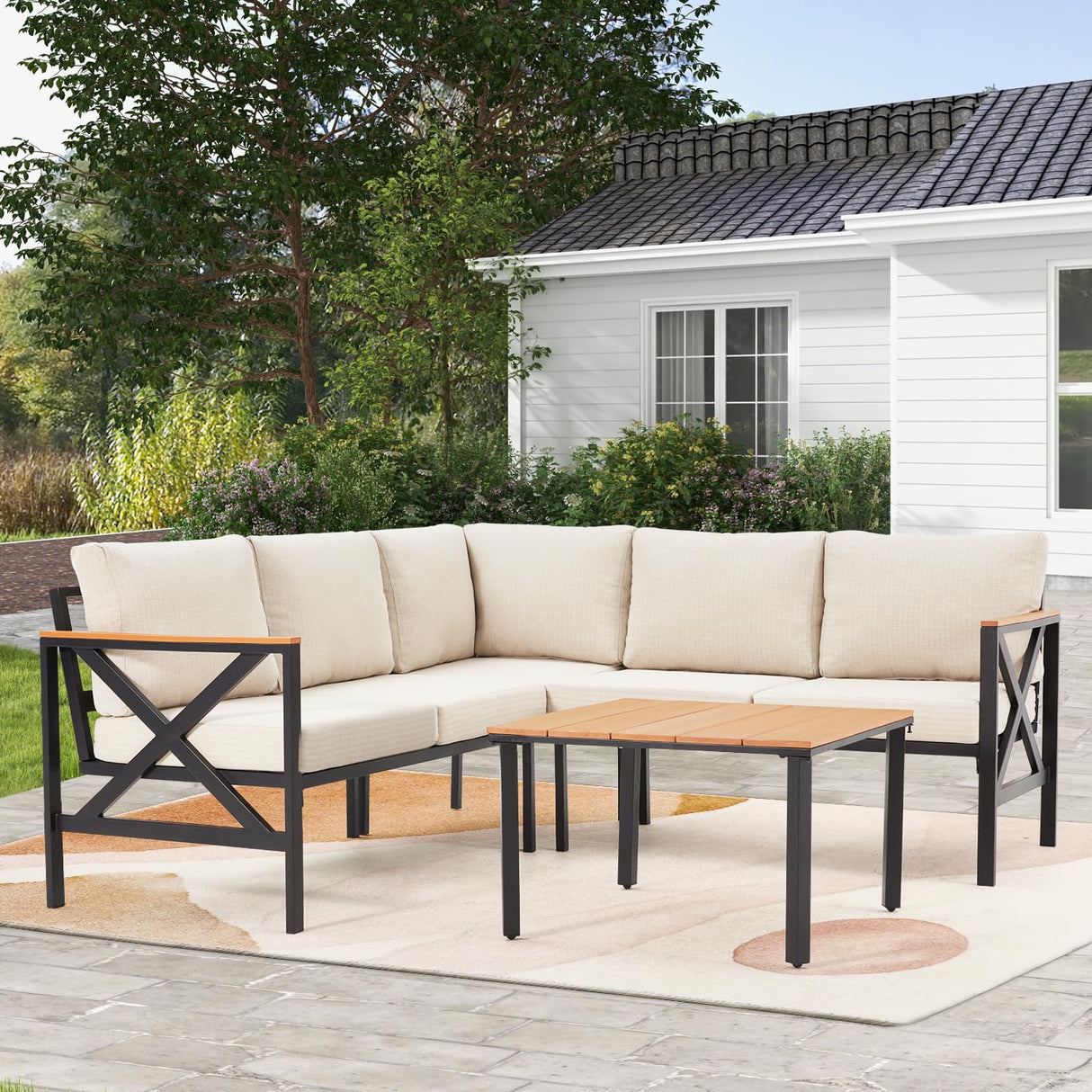 6 Pieces Patio Furniture Sets, L-Shaped Patio Conversation Sets Metal Outdoor ,Sofas