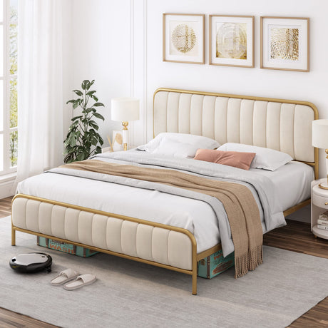 Queen Size Bed Frame with Button Tufted Headboard, Upholstered Heavy Duty Metal