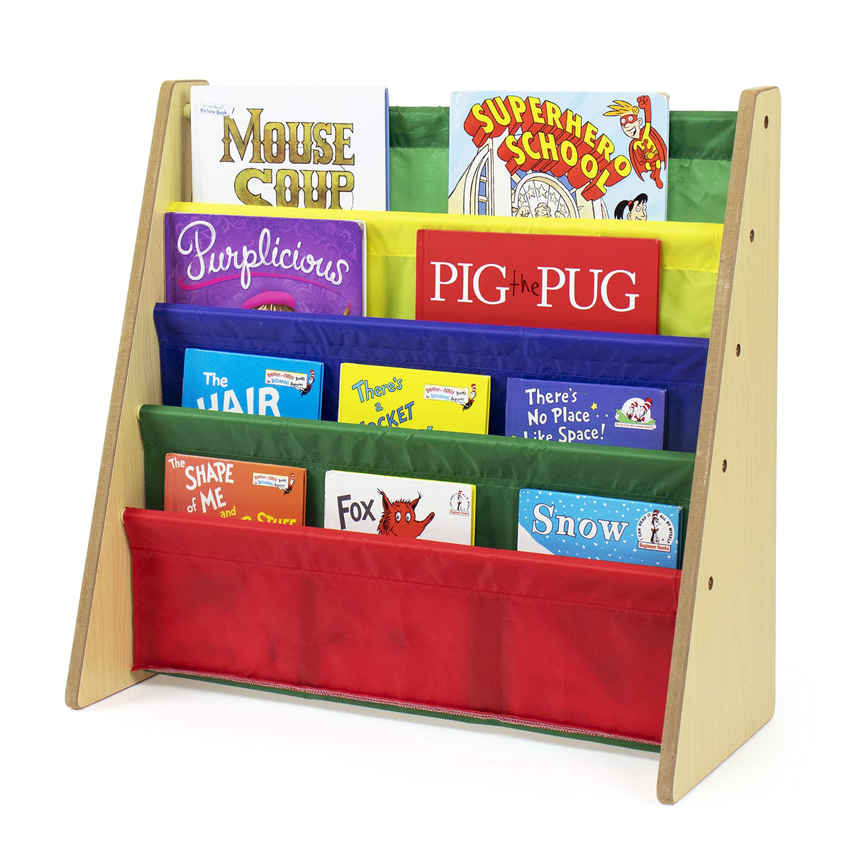 Natural Wood/Primary Kids Book Rack Storage Bookshelf, 4 Tiers, Toddler