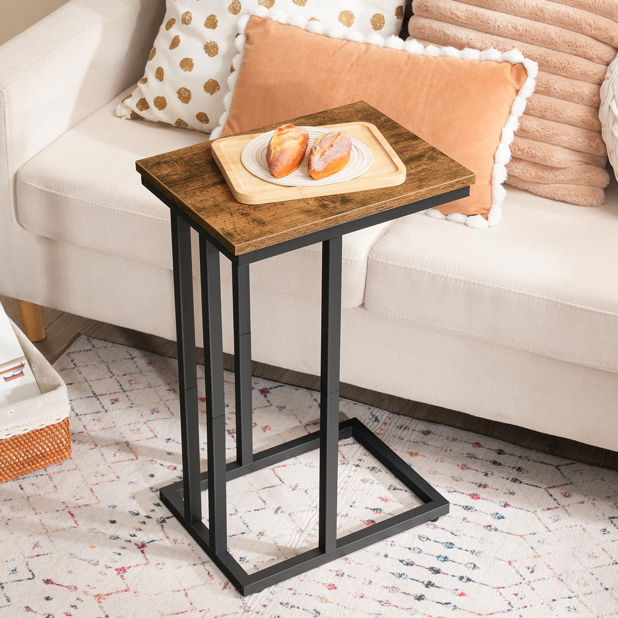 C Shaped End Table, Small Couch Side Table with Metal Frame, Sturdy Slide Under C Table