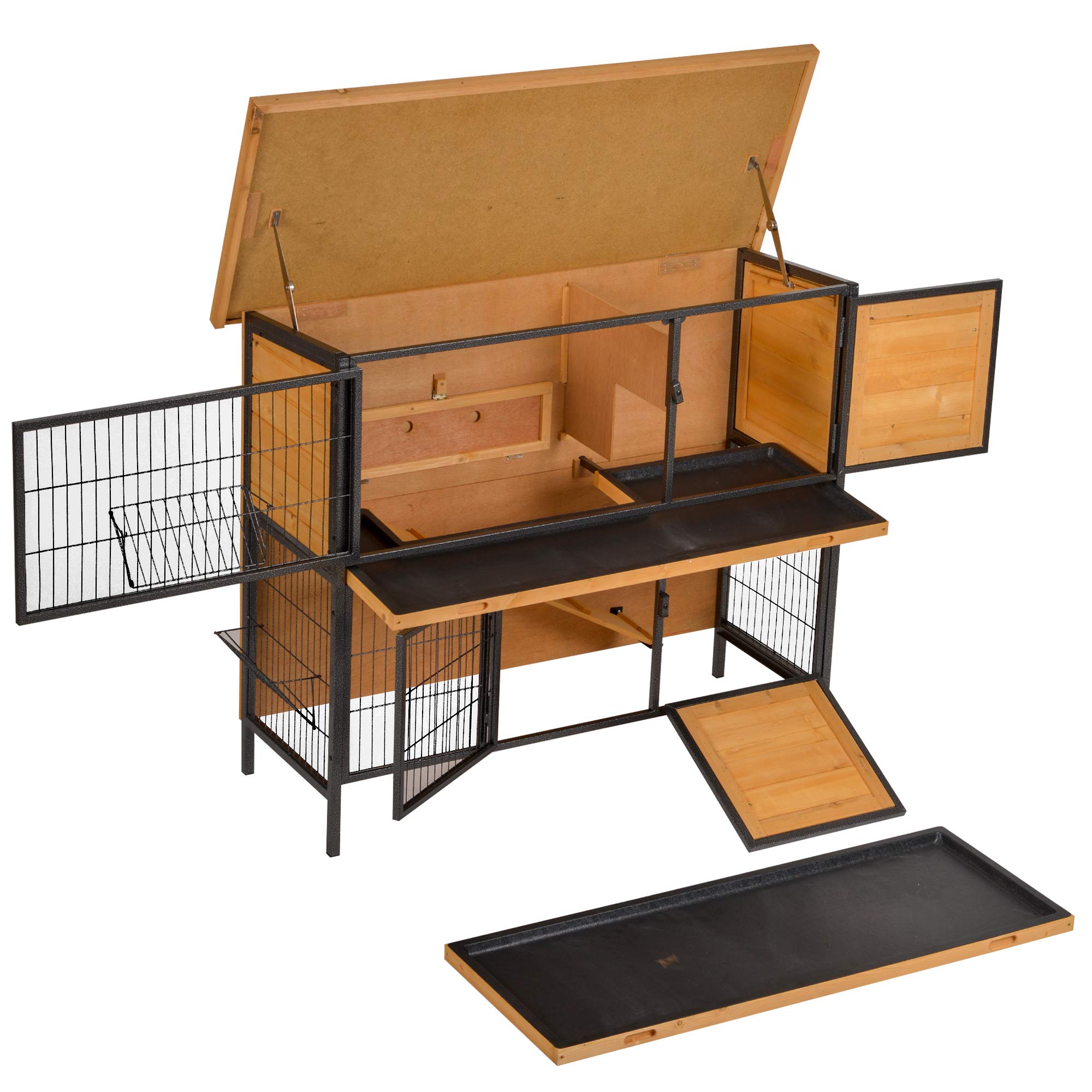 48" 2-Story Large Rabbit Hutch Bunny Cage Wooden Pet House Metal Frame
