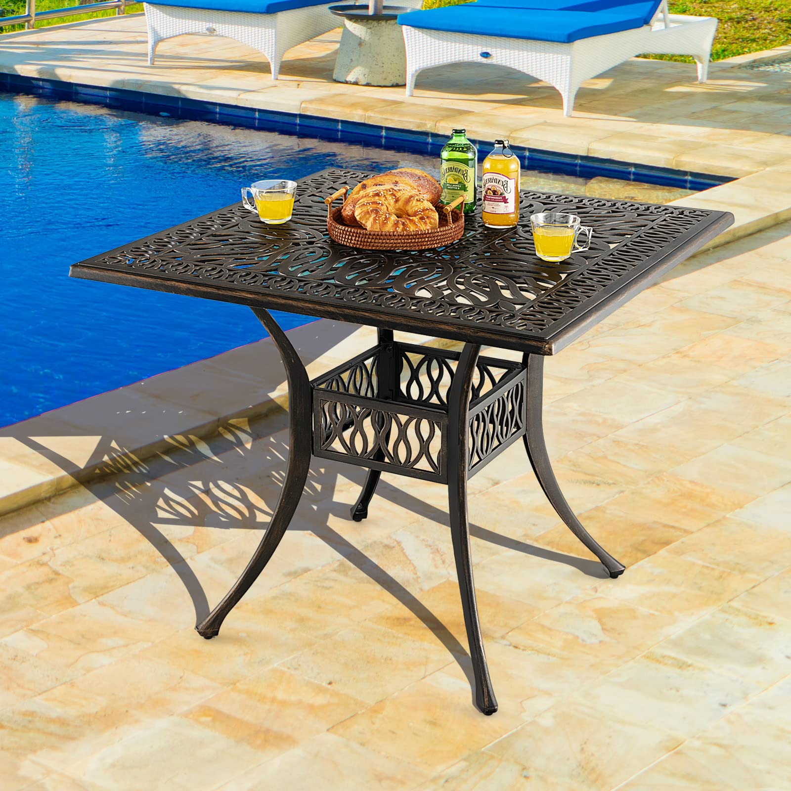 5.4 Inches Outdoor Dining Table, All-Weather Cast Aluminum Table with 2.2” Umbrella Hole