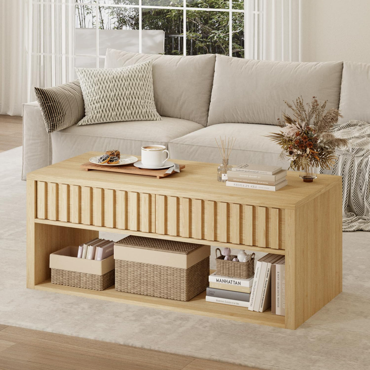 Natural Wood Coffee Table with Storage, 47.2" Coffee Table with 2 Fluted