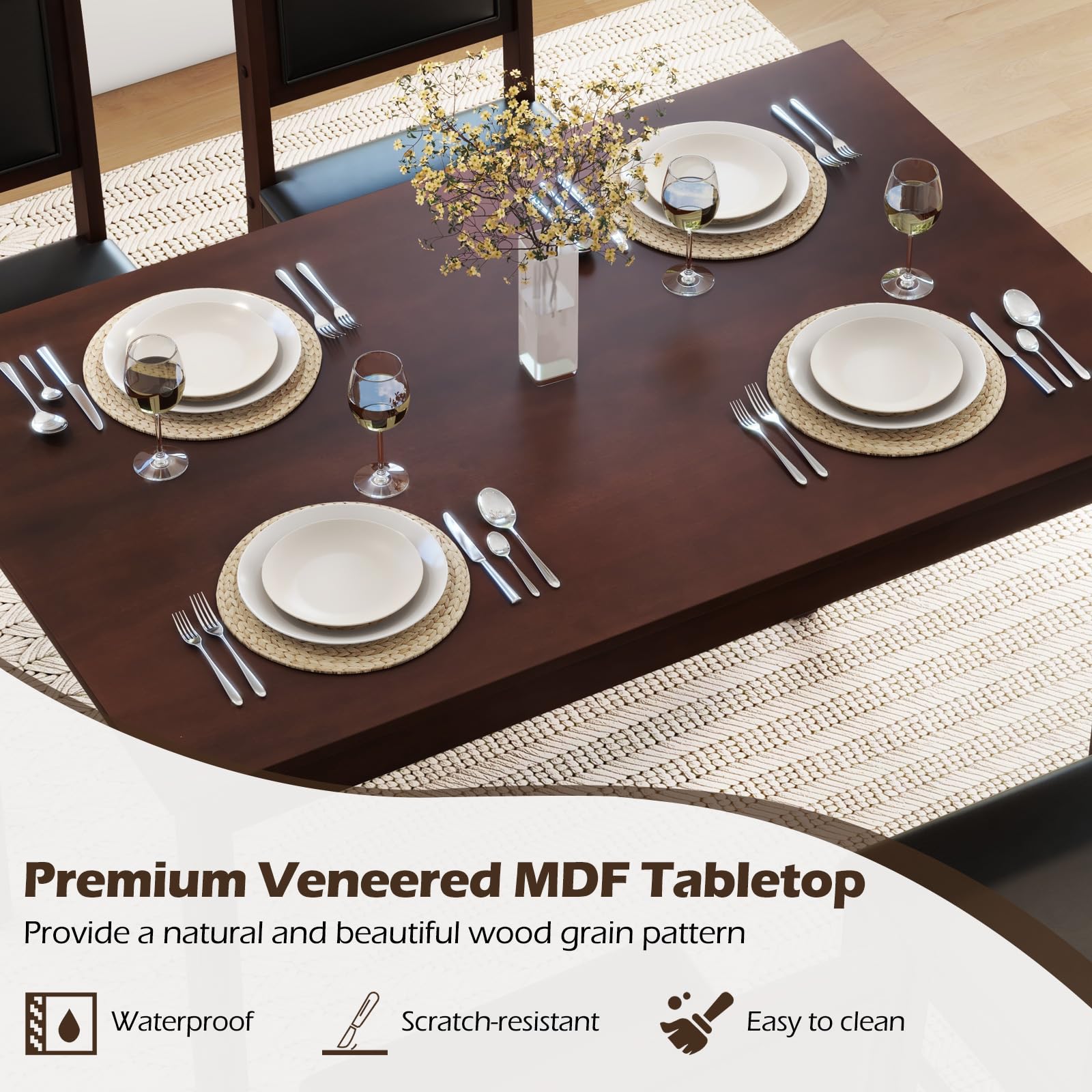 Farmhouse Dining Table Set for 4 with Padded Chairs