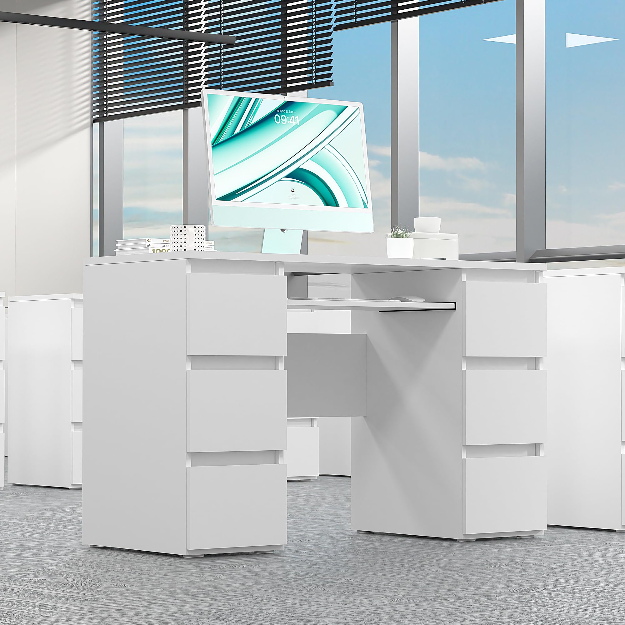 Computer Desk with Storage Shelf and 6 Drawers, 47 inch Writing Home Office Workstation,