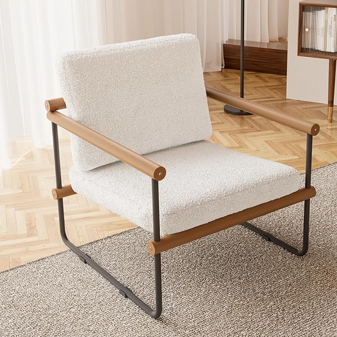 2/1PC Boucle Fabric Accent Chair with Round Side Tabel,Set of 3,Modern Tufted Single Sofa