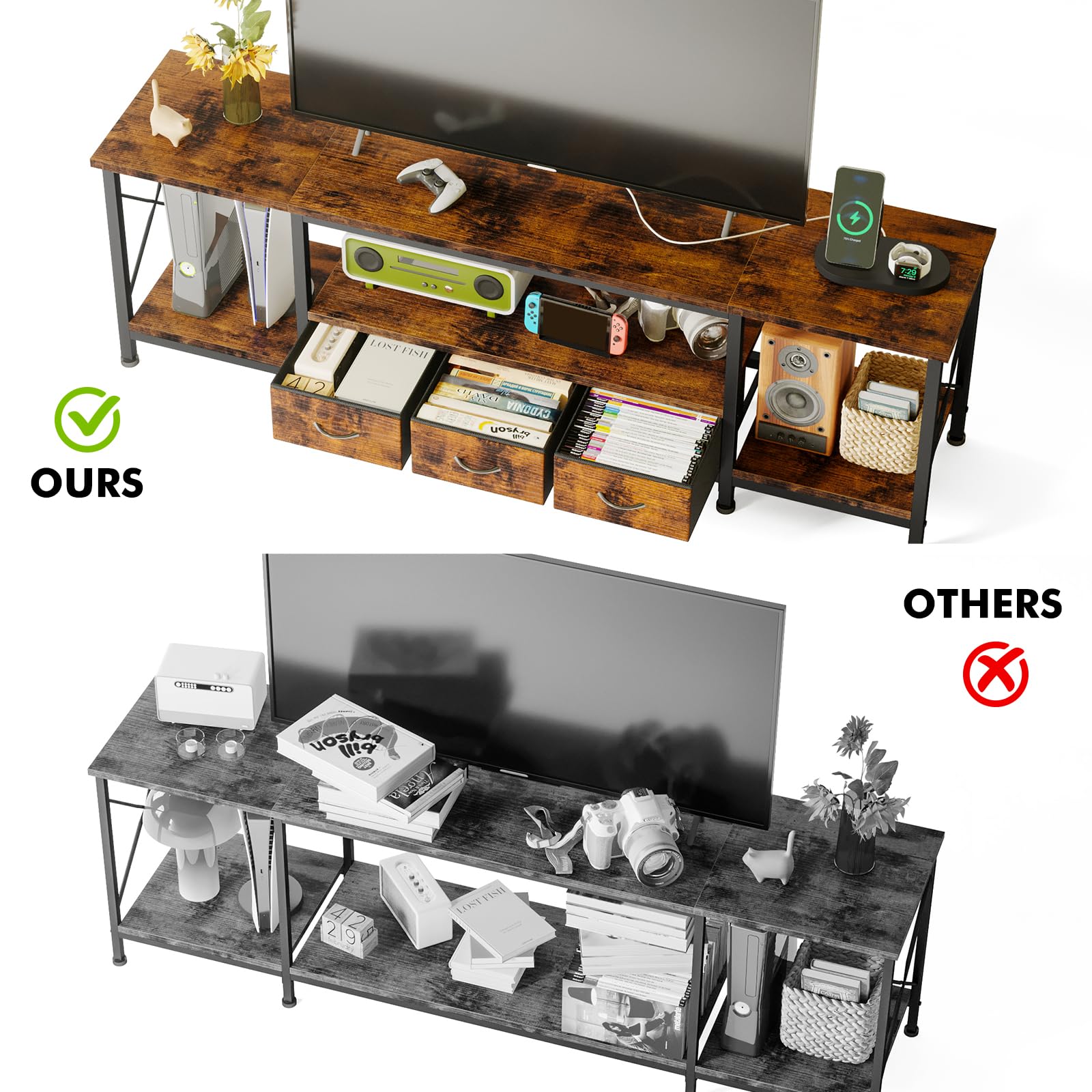 63" Rustic Brown TV Stand with Power Outlets and Storage