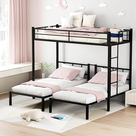 Metal Triple Bunk Bed for 3, Twin Over Twin Over Twin Bunk Beds with Built-in Ladders, Separates into 3 Twin Beds for Teens, Adults, No Box Spring Needed, Black