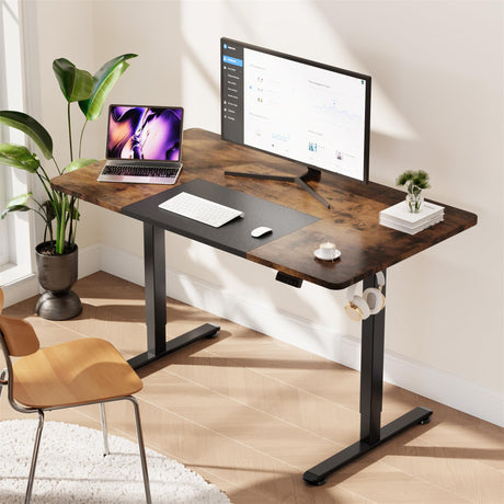 Electric Height Adjustable Electric Standing Desk, 55 x 28 Inch Sit Stand Desk with Memory Controllers, Stand up Desk for Home Office, Rustic Brown and Black Tabletop