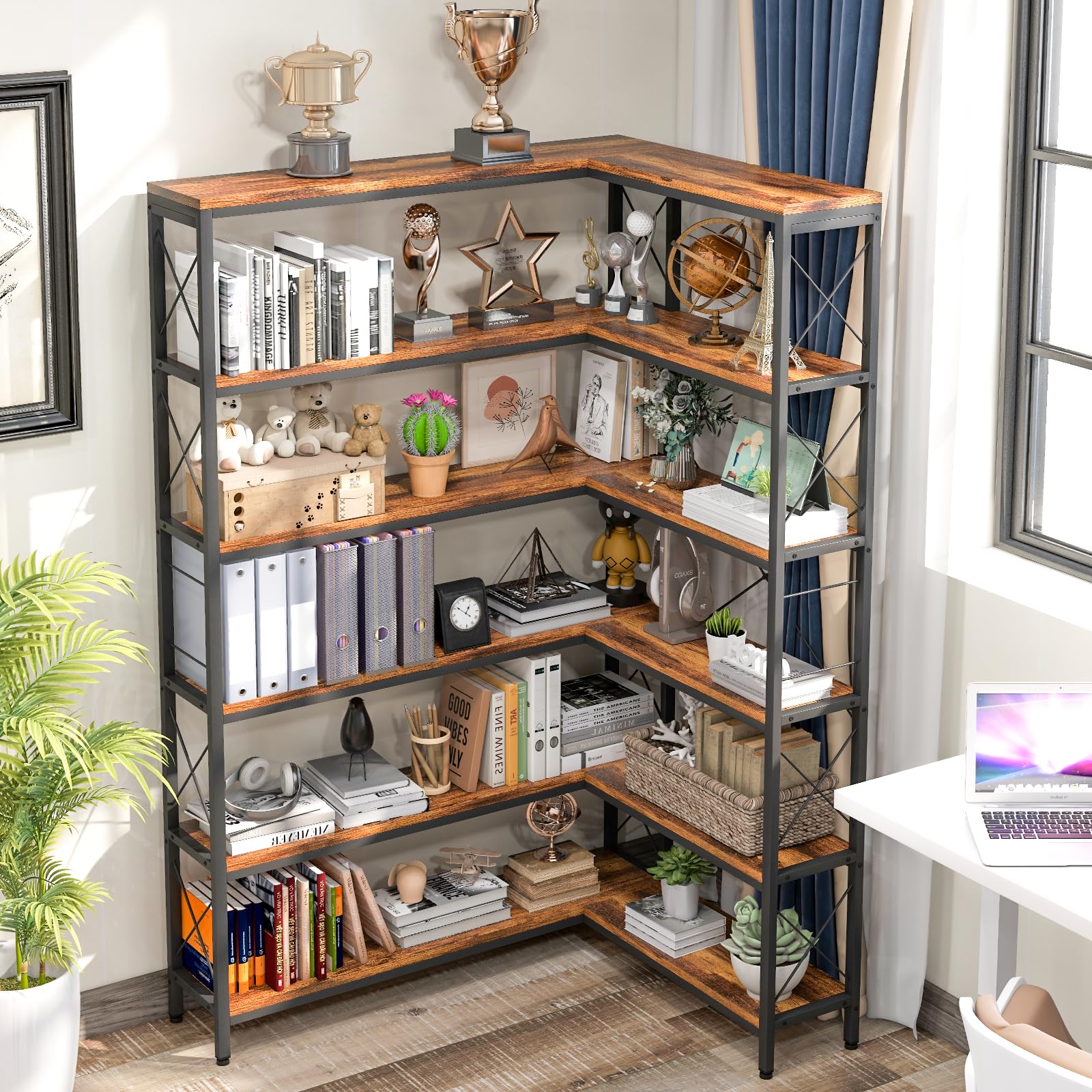6-Tier Corner Bookcase, Vintage Industrial Corner Bookshelf Etagere Bookcase, Corner Shelf Storage Rack with Carbon Steel for Living Room, Office, Home, Brown