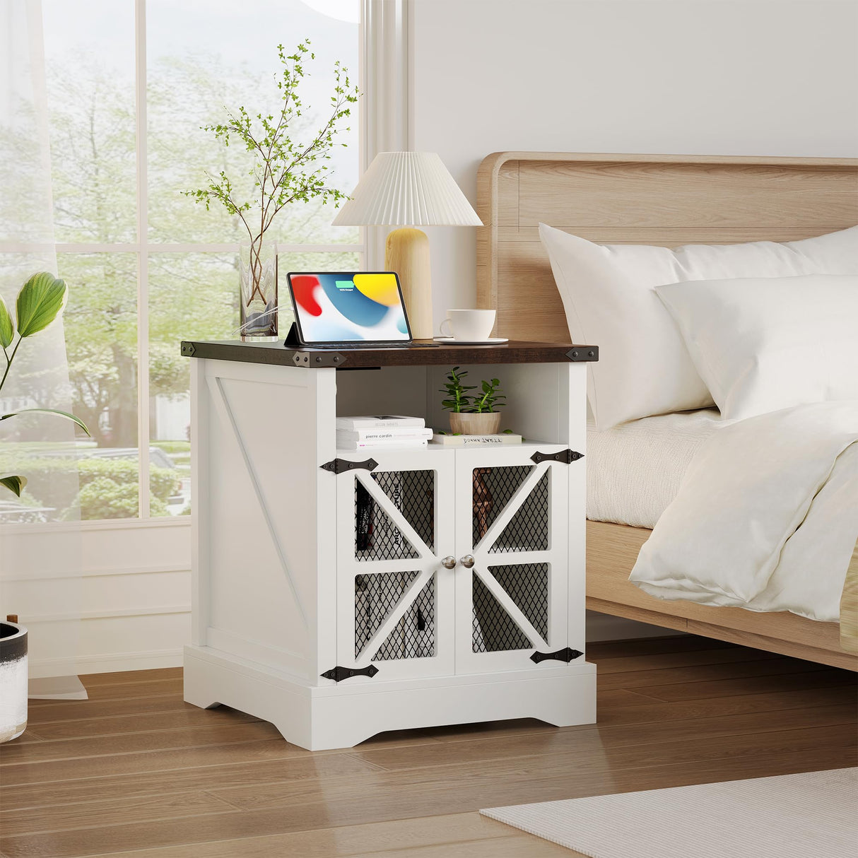 End Table Living Room with Charging Station, Farmhouse Sofa Side Table with Adjustable Shelf