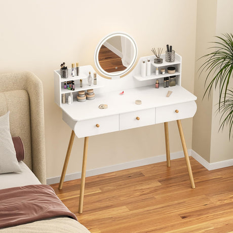 Vanity Desk with Mirror & Lights, Makeup Vanity Table with 4 Drawers & Storage Shelves