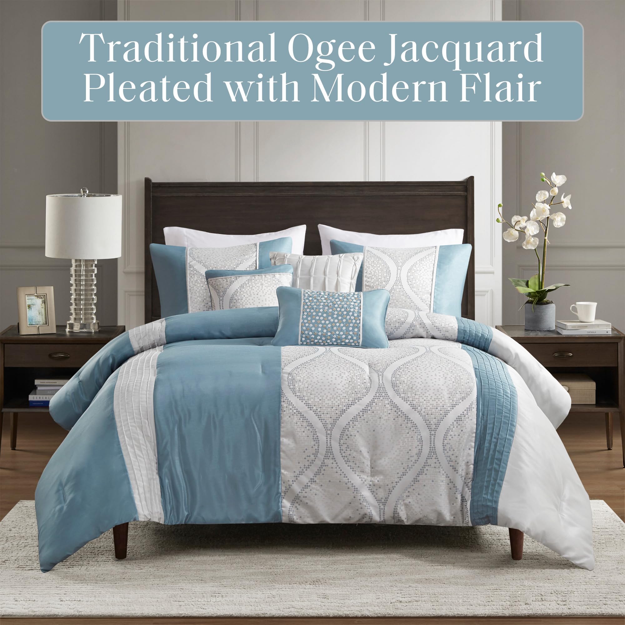 Jacquard Queen Comforter Set - Ogee Print with Pleated Trims - 6 Piece Bedding Set
