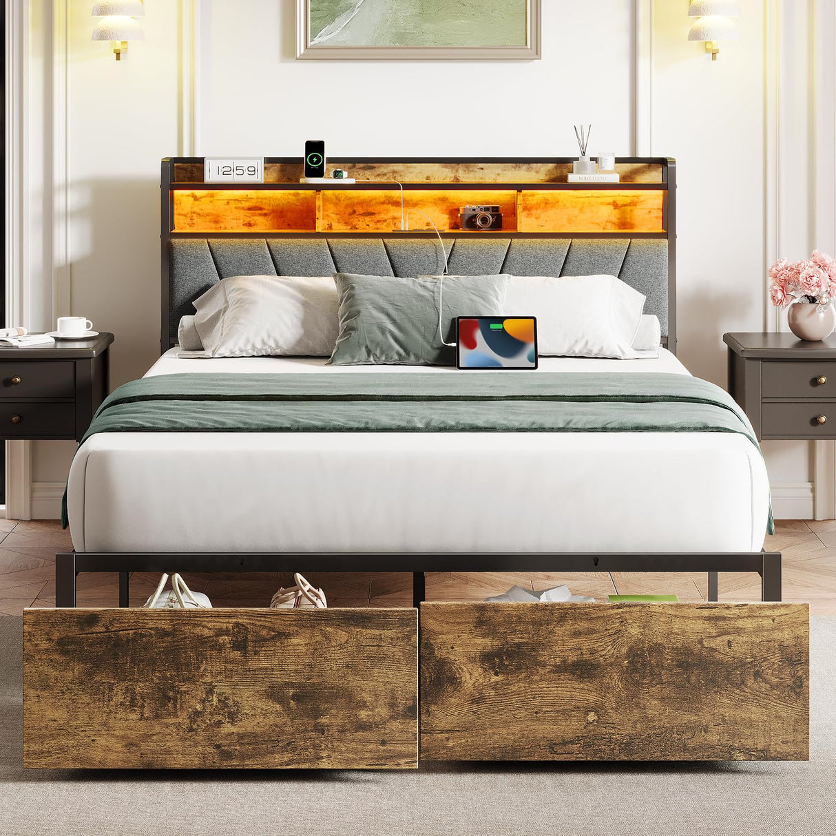 Queen Bed Frames, Metal Bed Frames with Charging Station, LED Lights Bed Frames