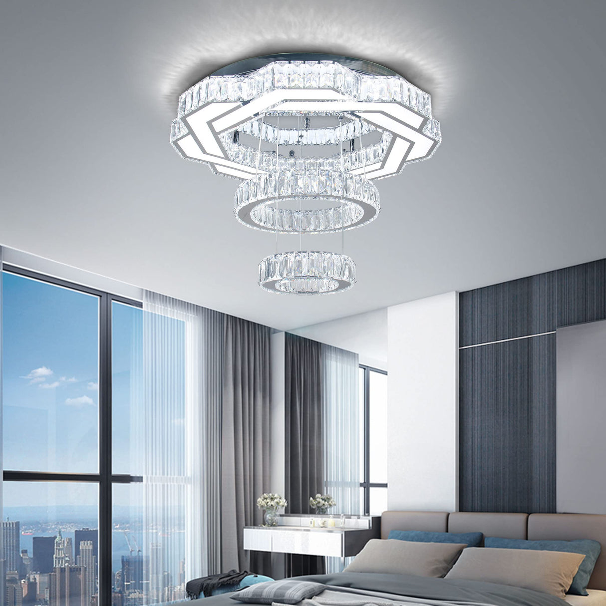 22.5" Crystal Chandeliers Living Room Modern Chandelier Crystal Ceiling Light LED 2