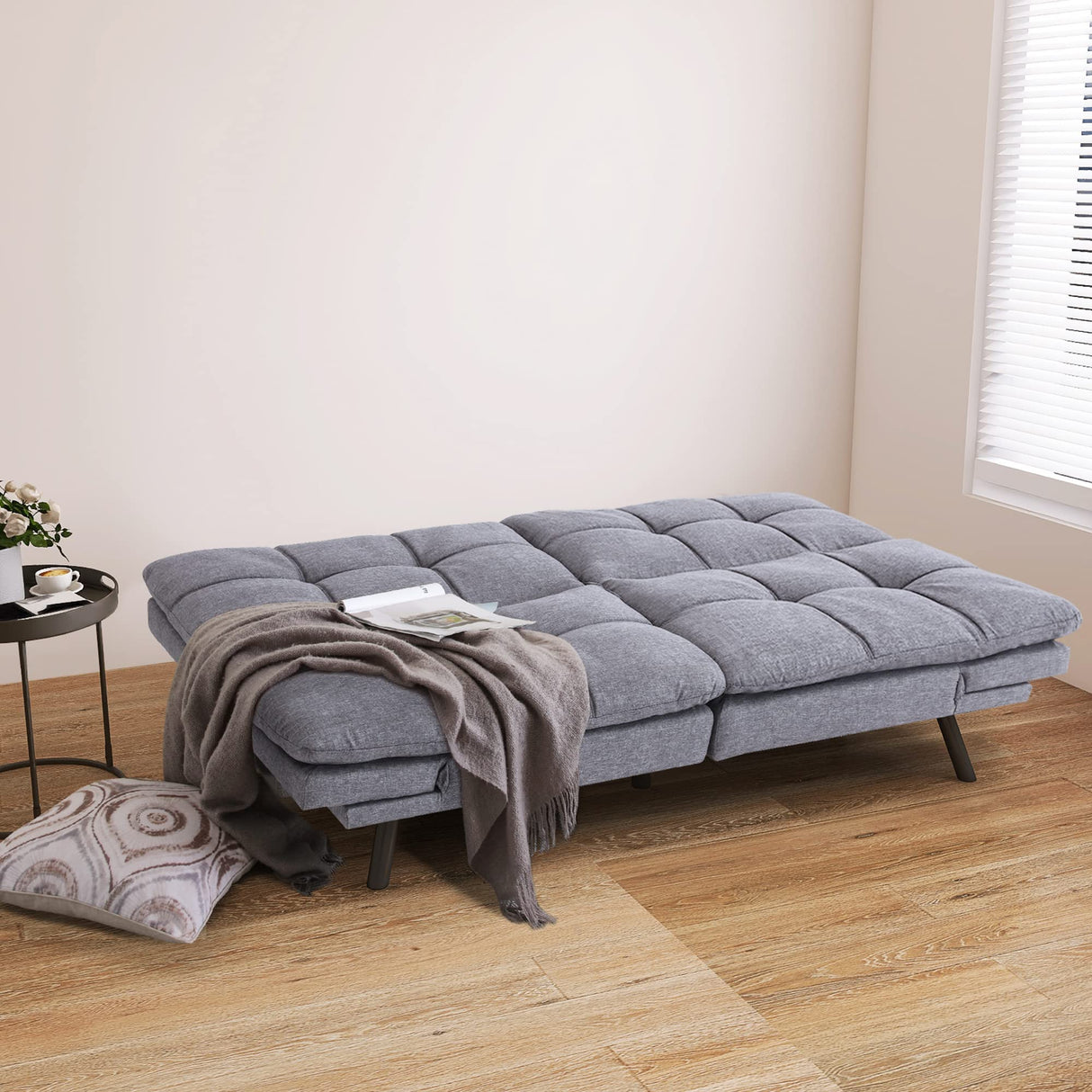 Futon Sofa Bed,Small Splitback Linen Fabric Memory Foam Couch,Modern Convertible Love seat for Compact Living Spaces