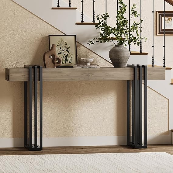 63" Console Table with Power Outlet - Walnut Wood Entryway Table