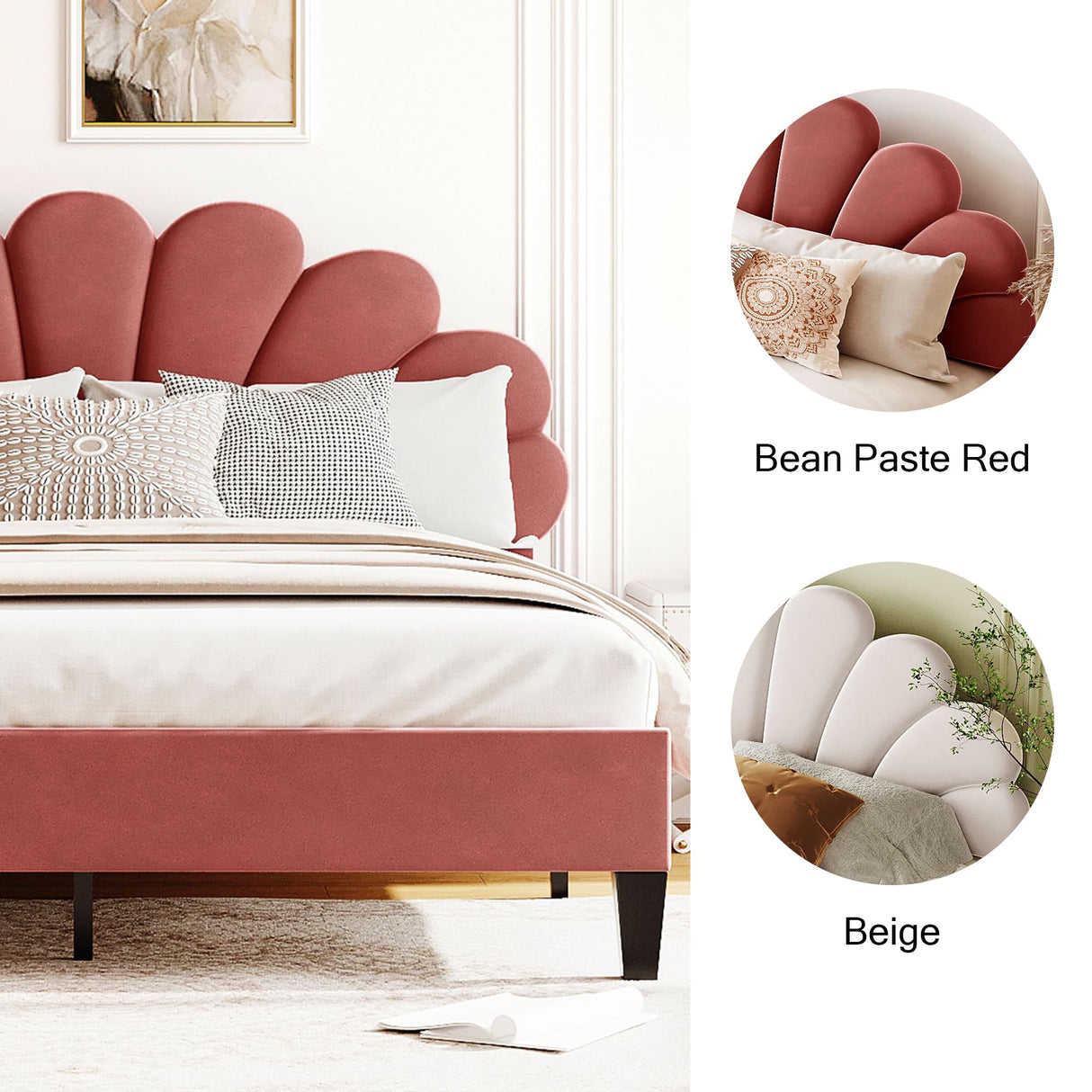 Velvet Upholstered Platform Bed with Flower Pattern Headboard - Queen