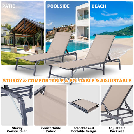 COMEYLY Outdoor Chaise Lounge Chair - Foldable Assemble-Free Outdoor Lounge with Adjustable Backrest, Heavy-Duty Portable Poolside Patio Chair for Beach, Backyard & Camping, Set of 2, Khaki