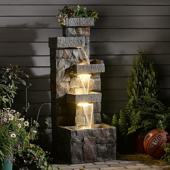 41" Tall Outdoor Water Fountain – Modern Cascading Waterfall with Lights, 4-Tier Outdoor