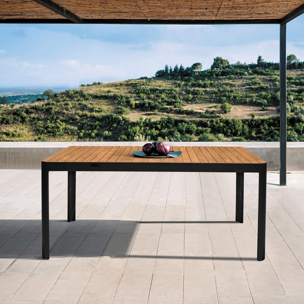 LCPDDITKDK Darks Portals Outdoor Black Rectangle Teak Wood & Aluminum Dining Table