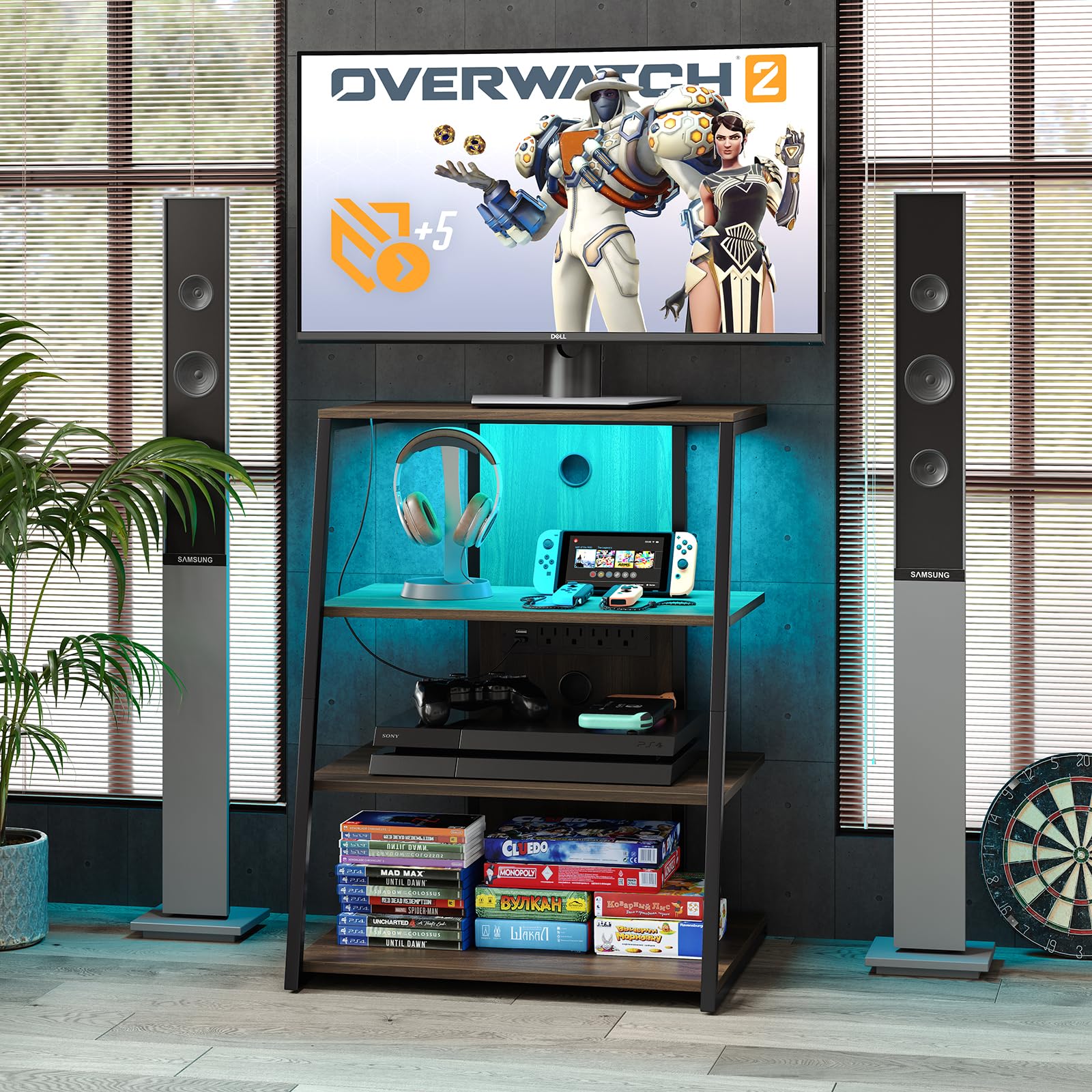 4-Tier AV Media Stand with Charge Station, Corner TV Stand with LED Lights