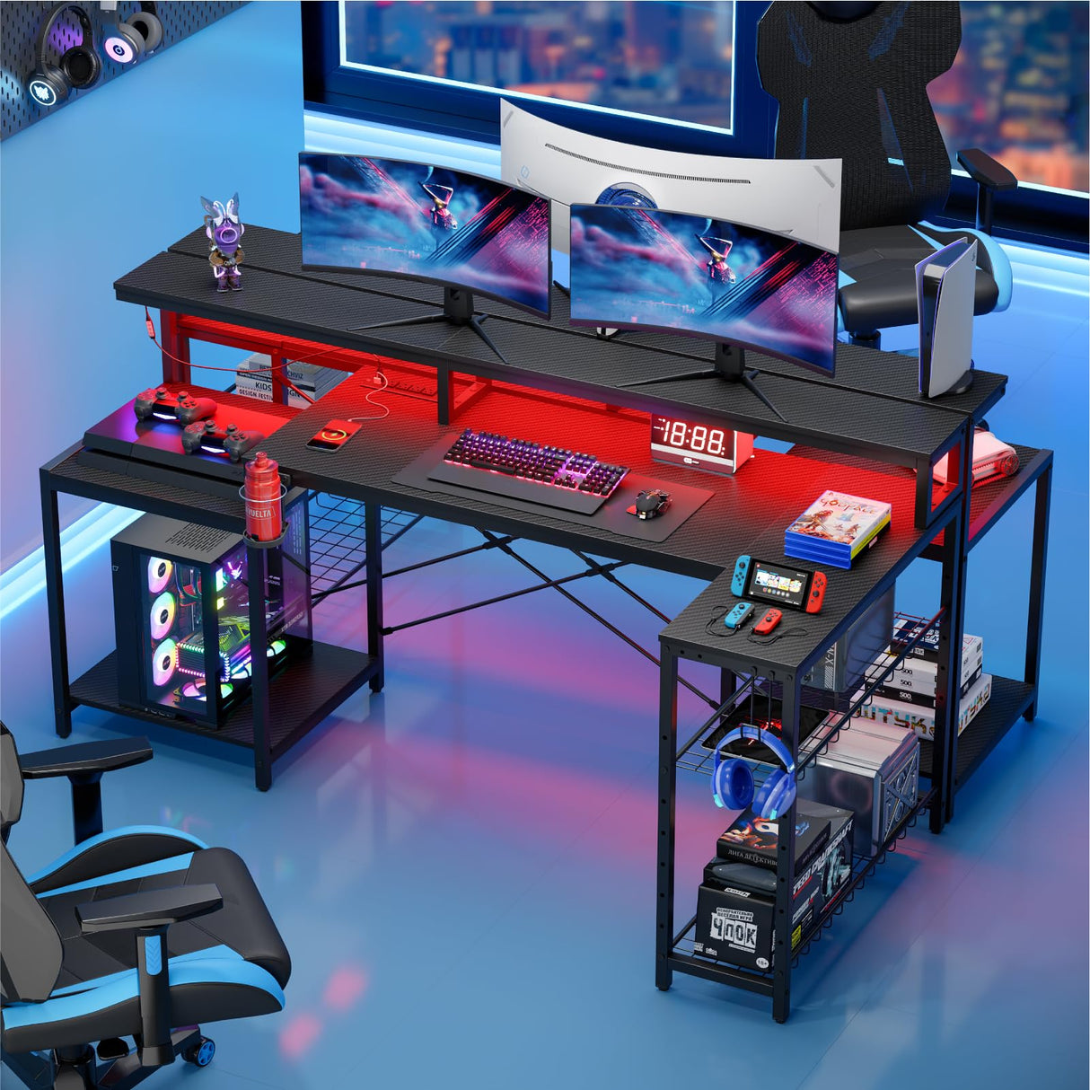 Gaming Desk with Power Outlet, 71.5 inch LED Computer Desk with Monitor Stand