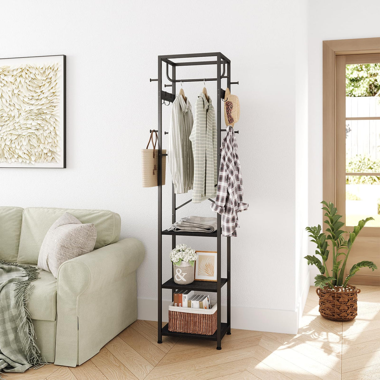 Coat Rack Freestanding, Hall Tree with 3 Storage Shelves and 12 Hooks, Metal Clothes Rack Stand