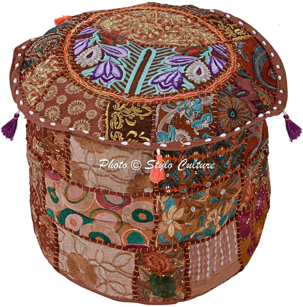 Indian Pouf Cover Cotton Patchwork Embroidered Ottoman Brown Floral Pouffe Seating